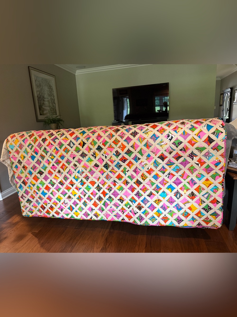 Vintage Handmade Cathedral Window Quilt Retro Boho Full Queen. 75” x 92”. TVR
